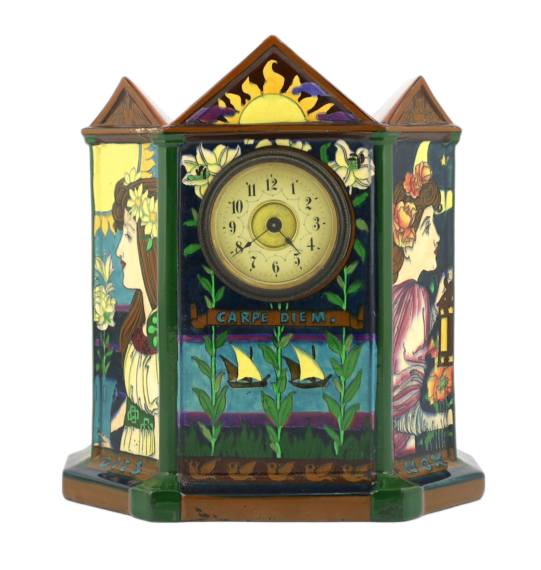 A Foley Intarsio ware timepiece, designed by Frederick Rhead, c.1895